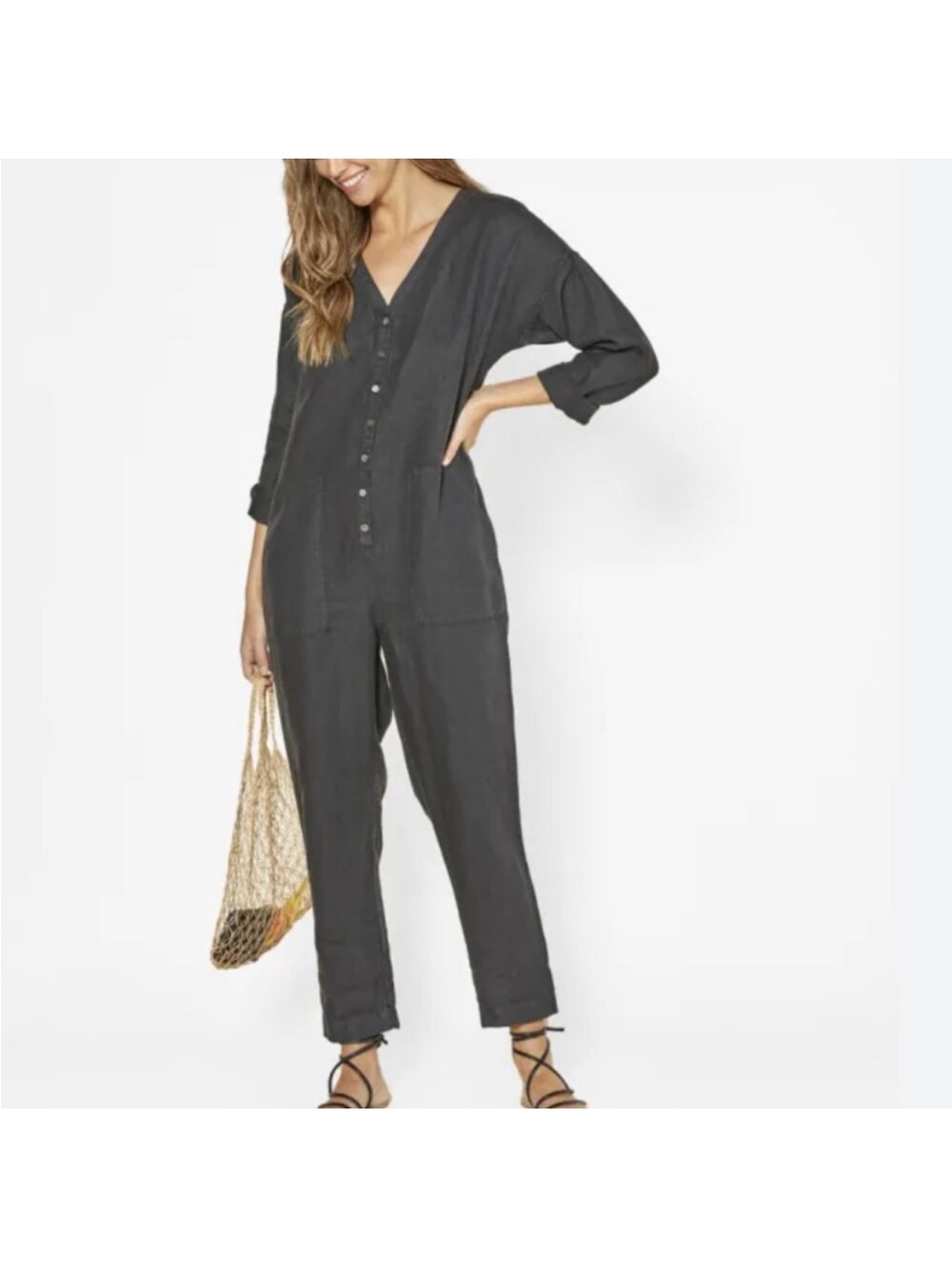 Outerknown Gray Linen Casual V Neck Button Front Jumpsuit Medium Patch Pockets